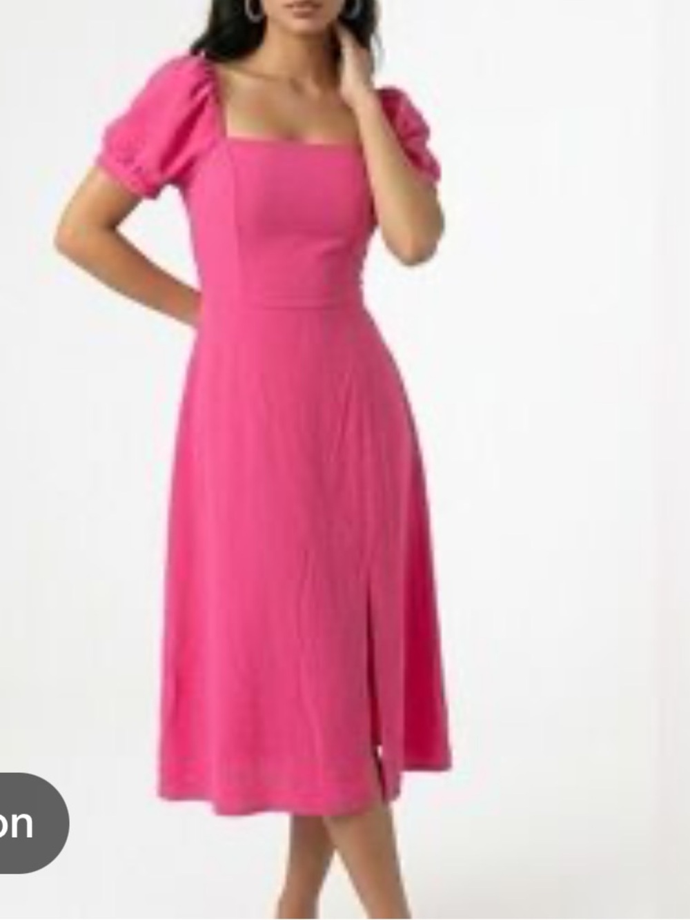 Monteau Dress Large Hot Pink Midi Puff Slvs Front Slit Smock Back Square Neck